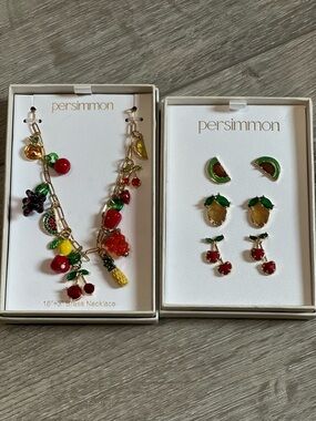 Persimmon Multicolor Fruit Charm Necklace - Gold Chain